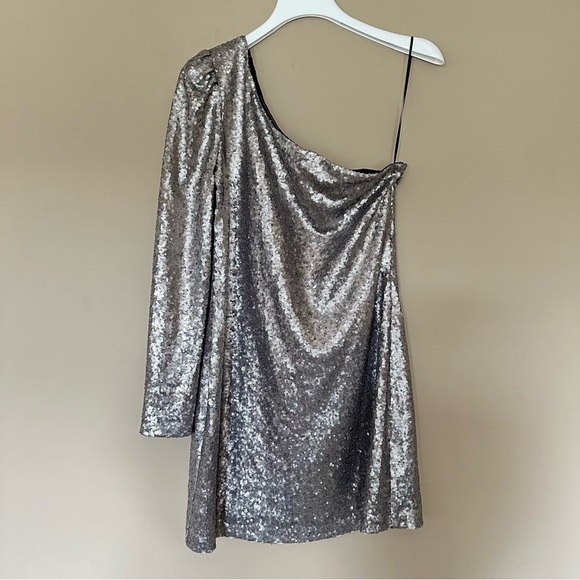 Highline Collective Womens M Cocktail Dress One Shoulder Long Sleeve Mini Silver - Picture 5 of 9